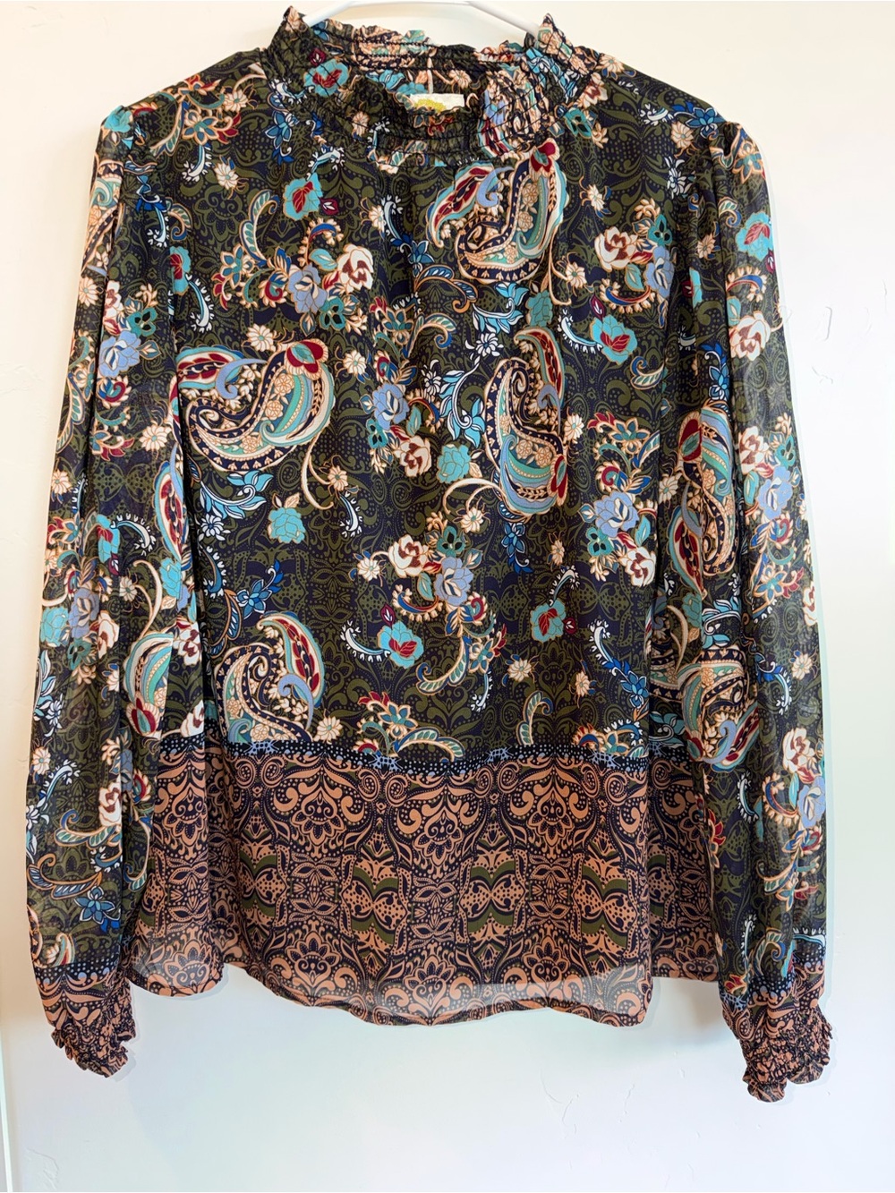 Fig and Flower Paisley Floral Smocked Mock Neck Boho Blouse Medium
